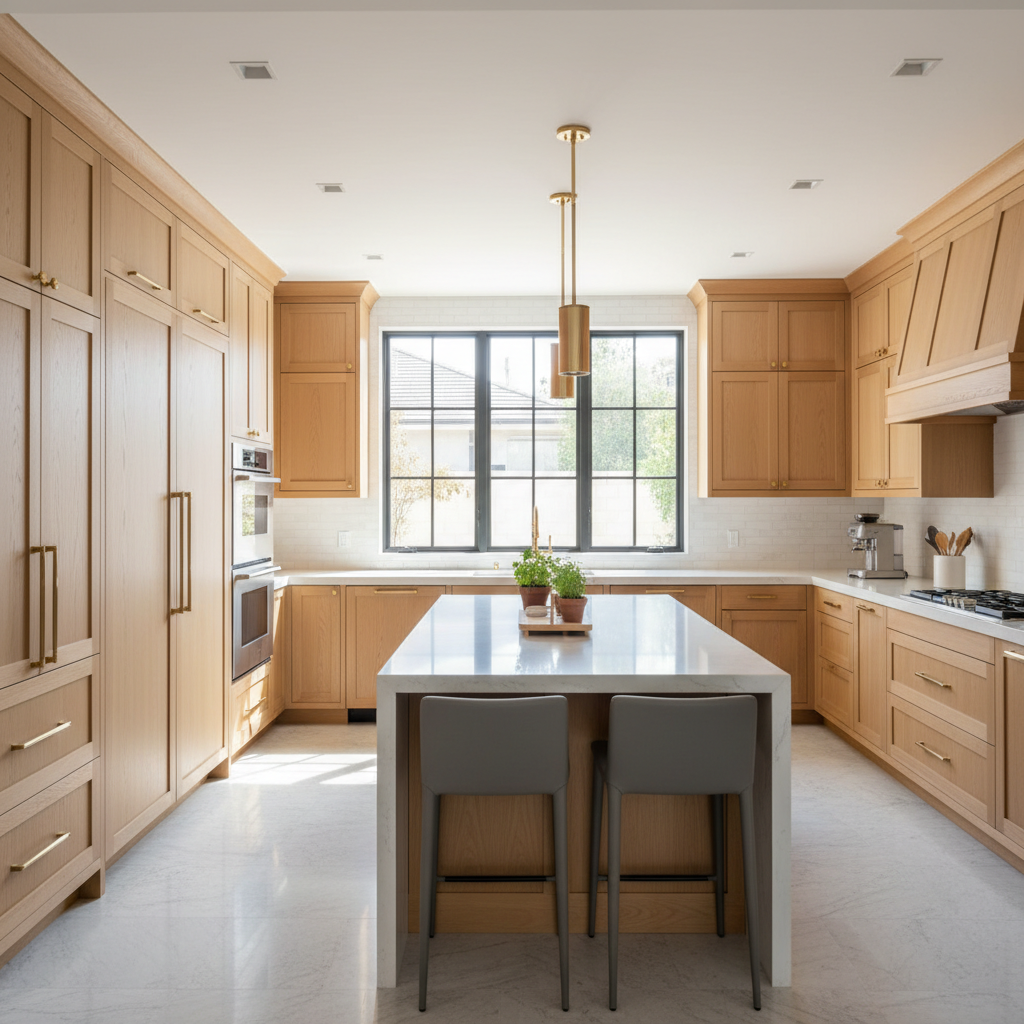 Upscale kitchen with integrated refrigerator and wall oven