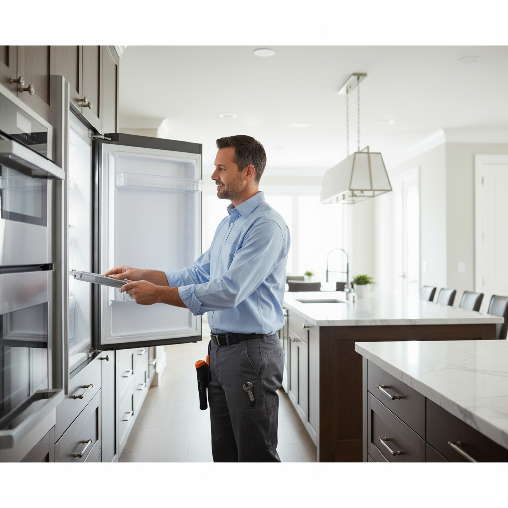 Professional technician inspecting a built-in refrigerator